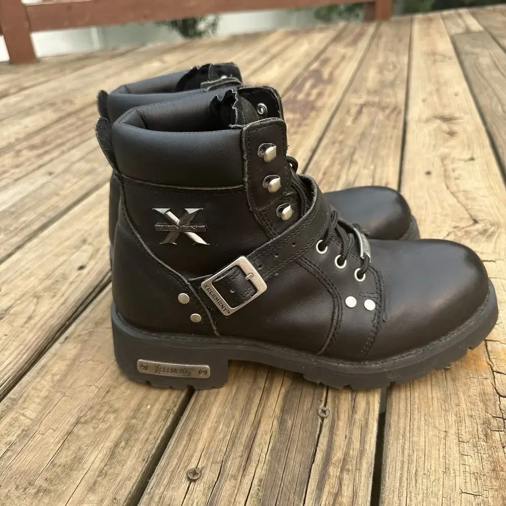 Xelement Impact Black Motorcycle Biker Strap Boots Men's 9.5 Leather Lace Up